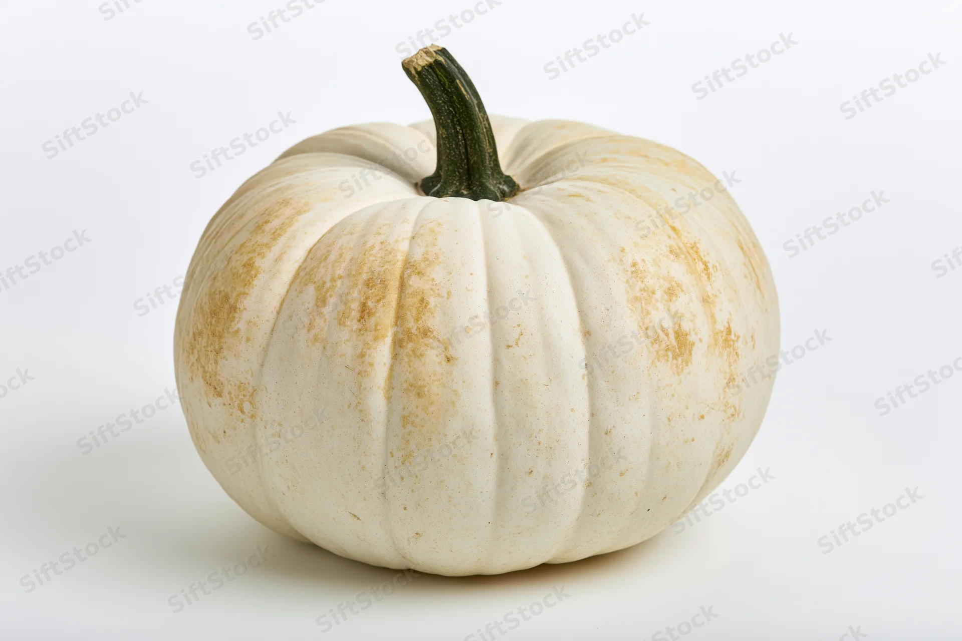 White ghost pumpkin with dark green stem centered on white background