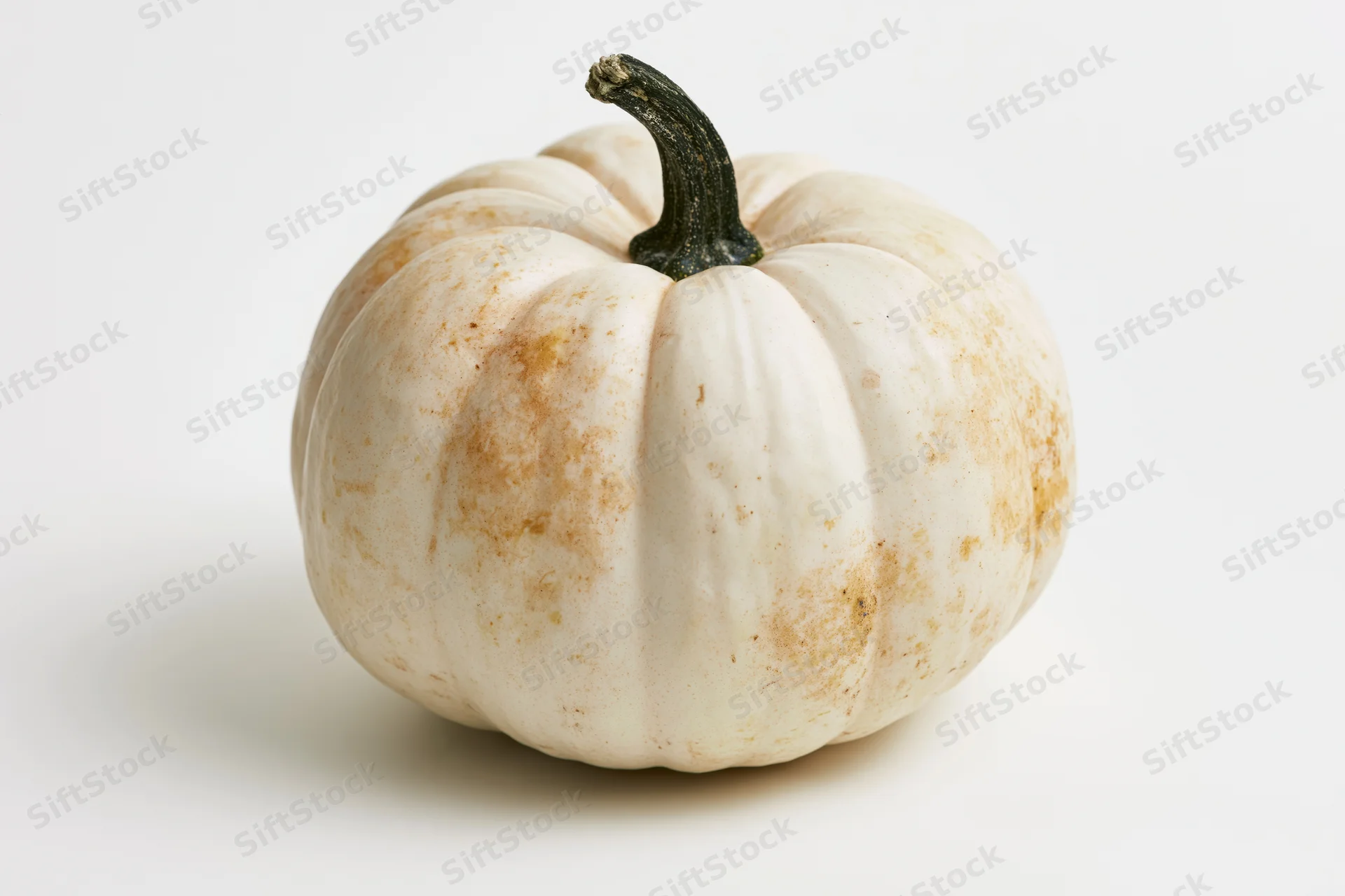 White ghost pumpkin with dark green stem centered on white background