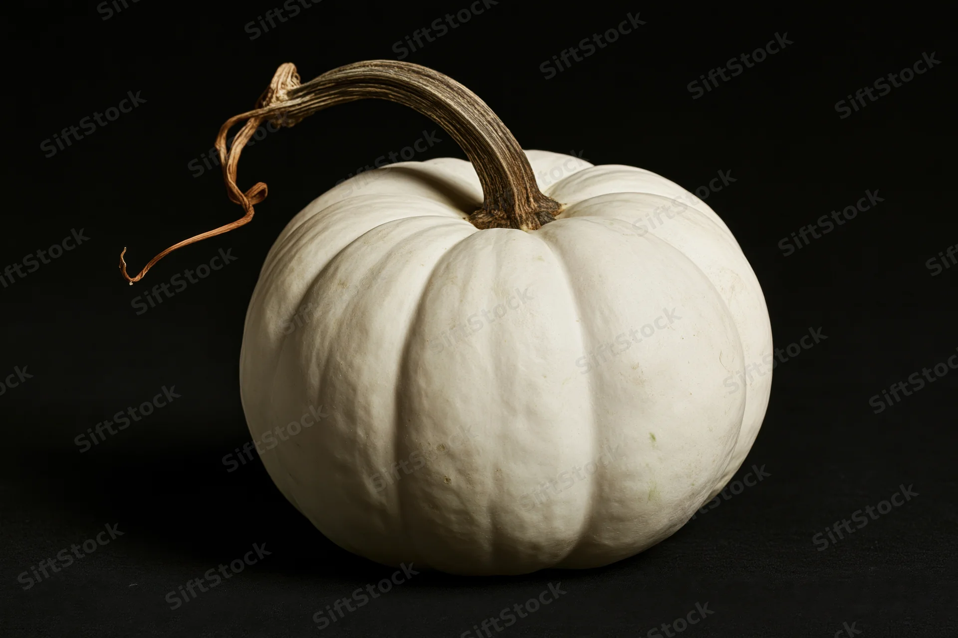White ghost pumpkin with dried woody stem and curl on black background