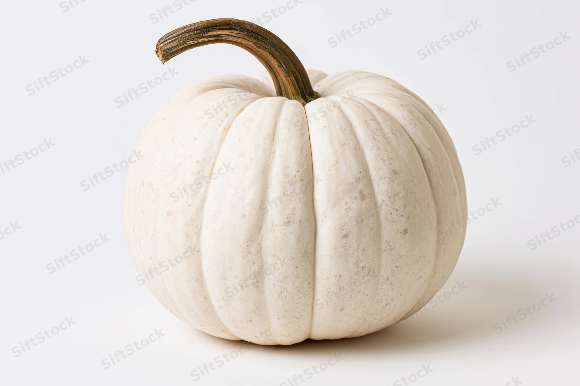 White heirloom pumpkin with curved stem on plain white surface
