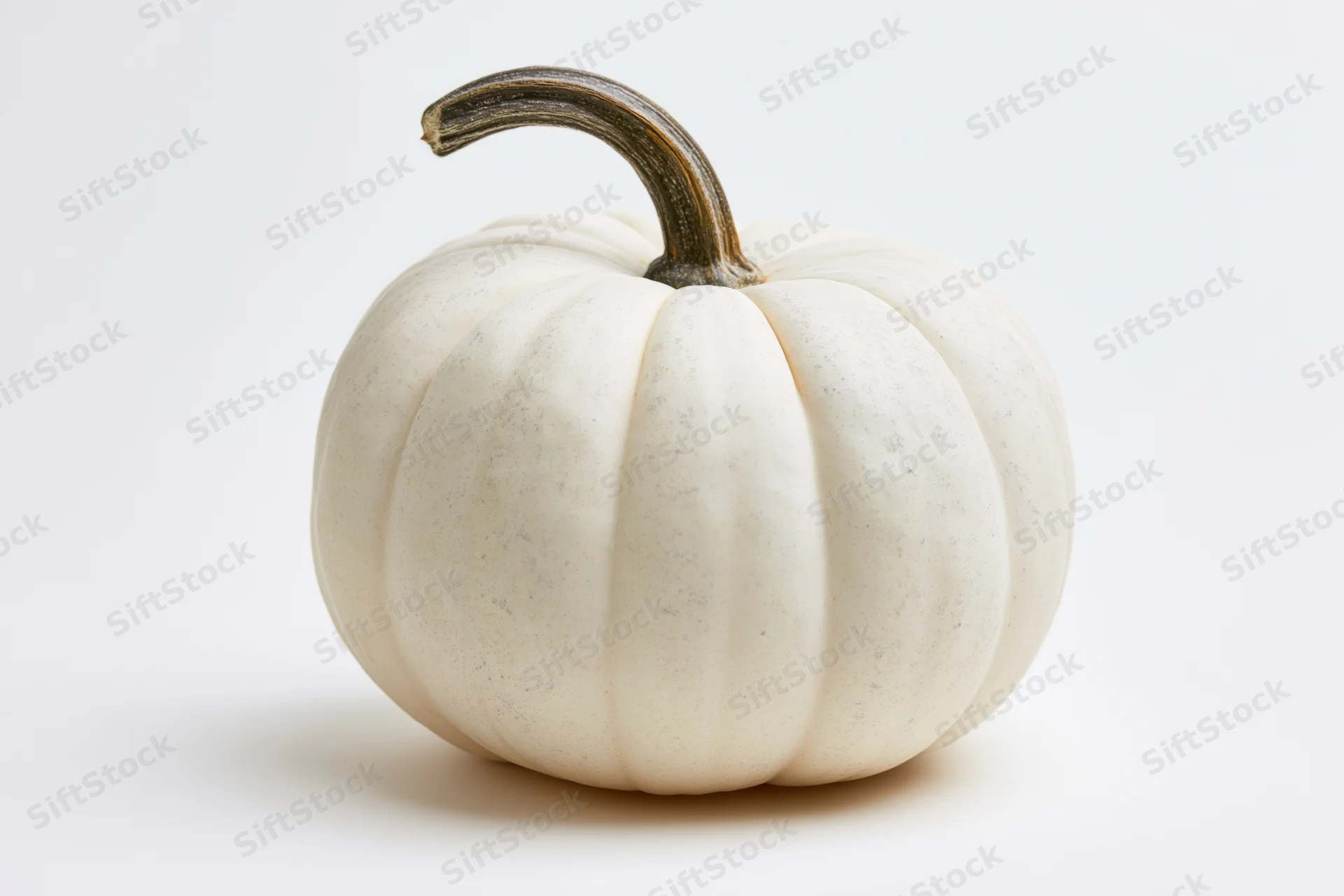 White heirloom pumpkin with curved stem on plain white background