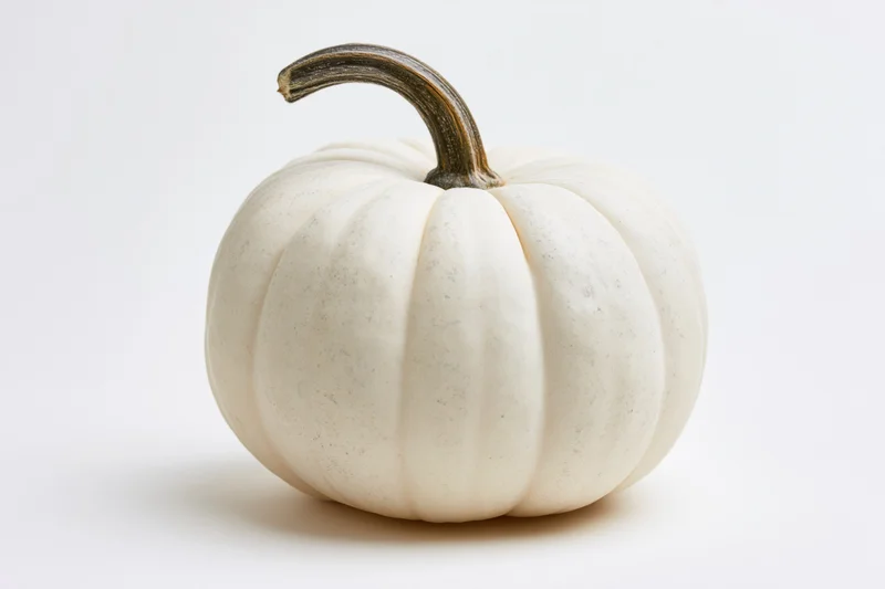 White heirloom pumpkin with curved stem on plain white background