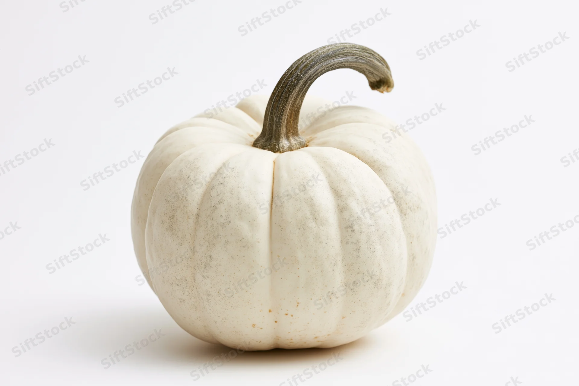 White heirloom pumpkin with curved stem on plain white background