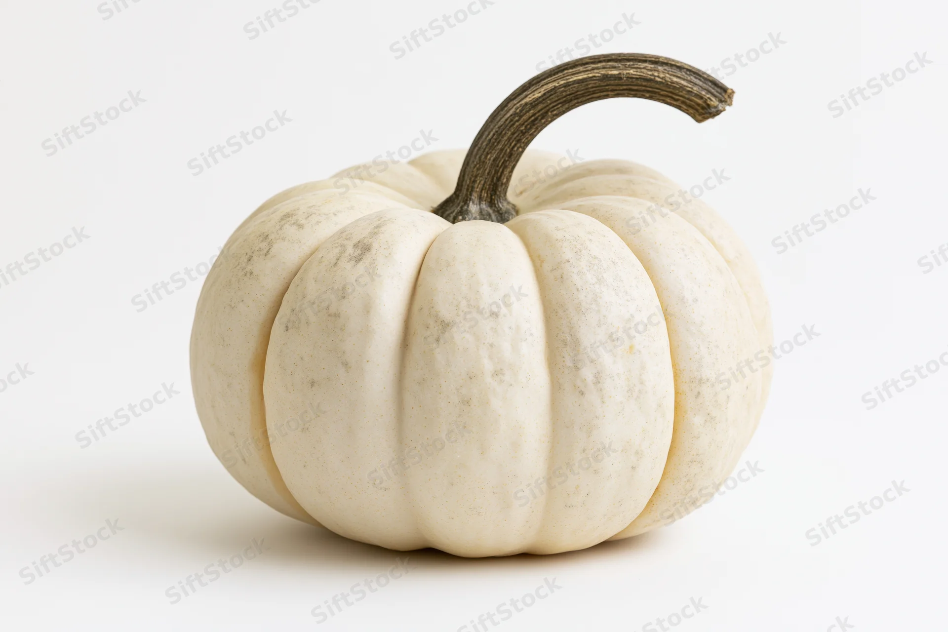 White heirloom pumpkin with curved stem on plain white surface