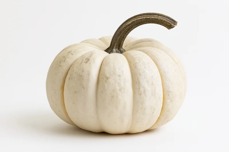 White heirloom pumpkin with curved stem on plain white surface