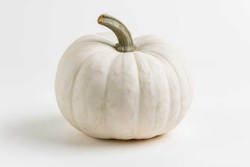 White heirloom pumpkin with ribbed texture and green stem on plain white surface
