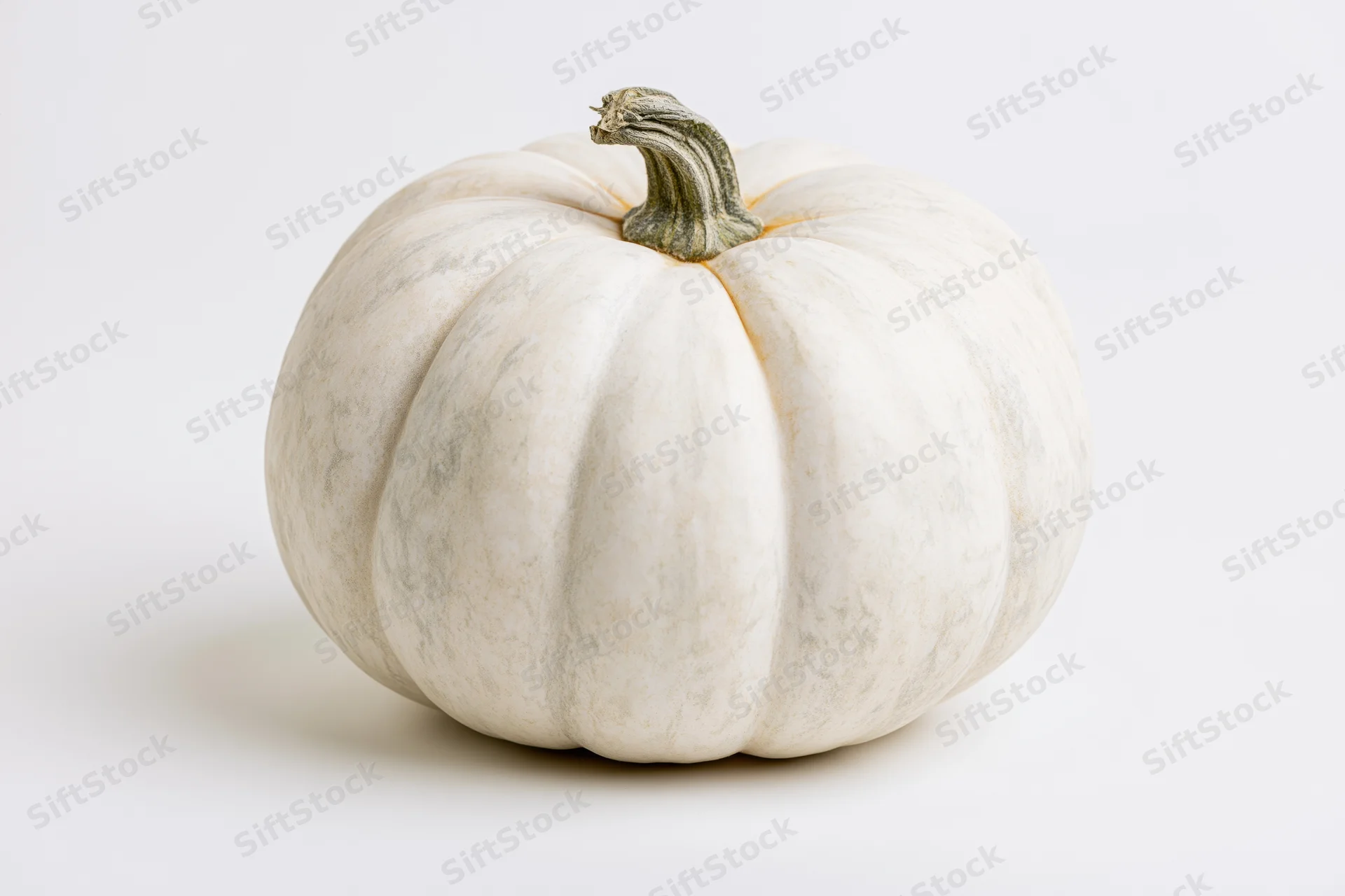 White heirloom pumpkin with ribbed texture and green stem on plain white background