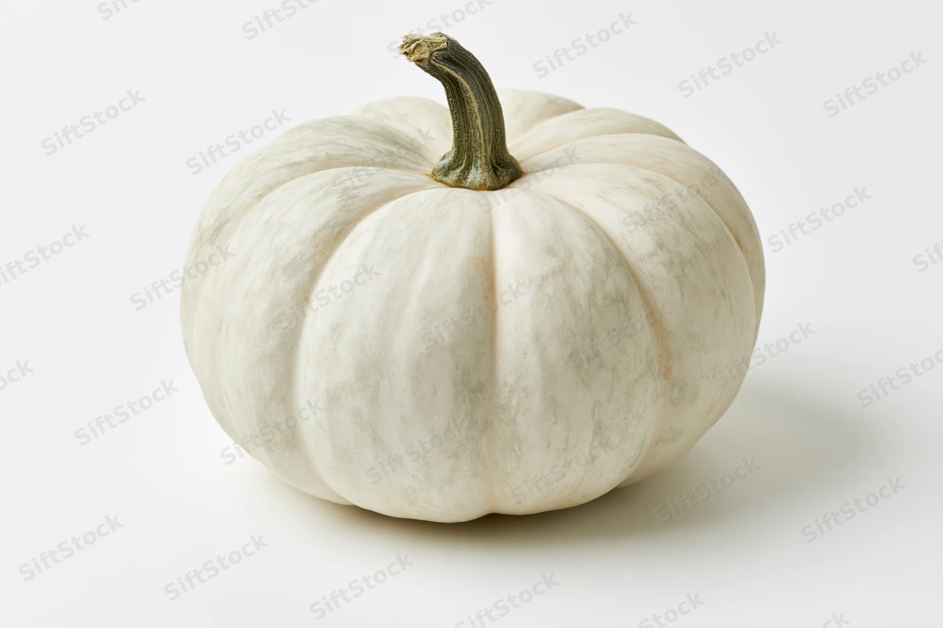 White heirloom pumpkin with ribbed texture and green stem on plain white surface