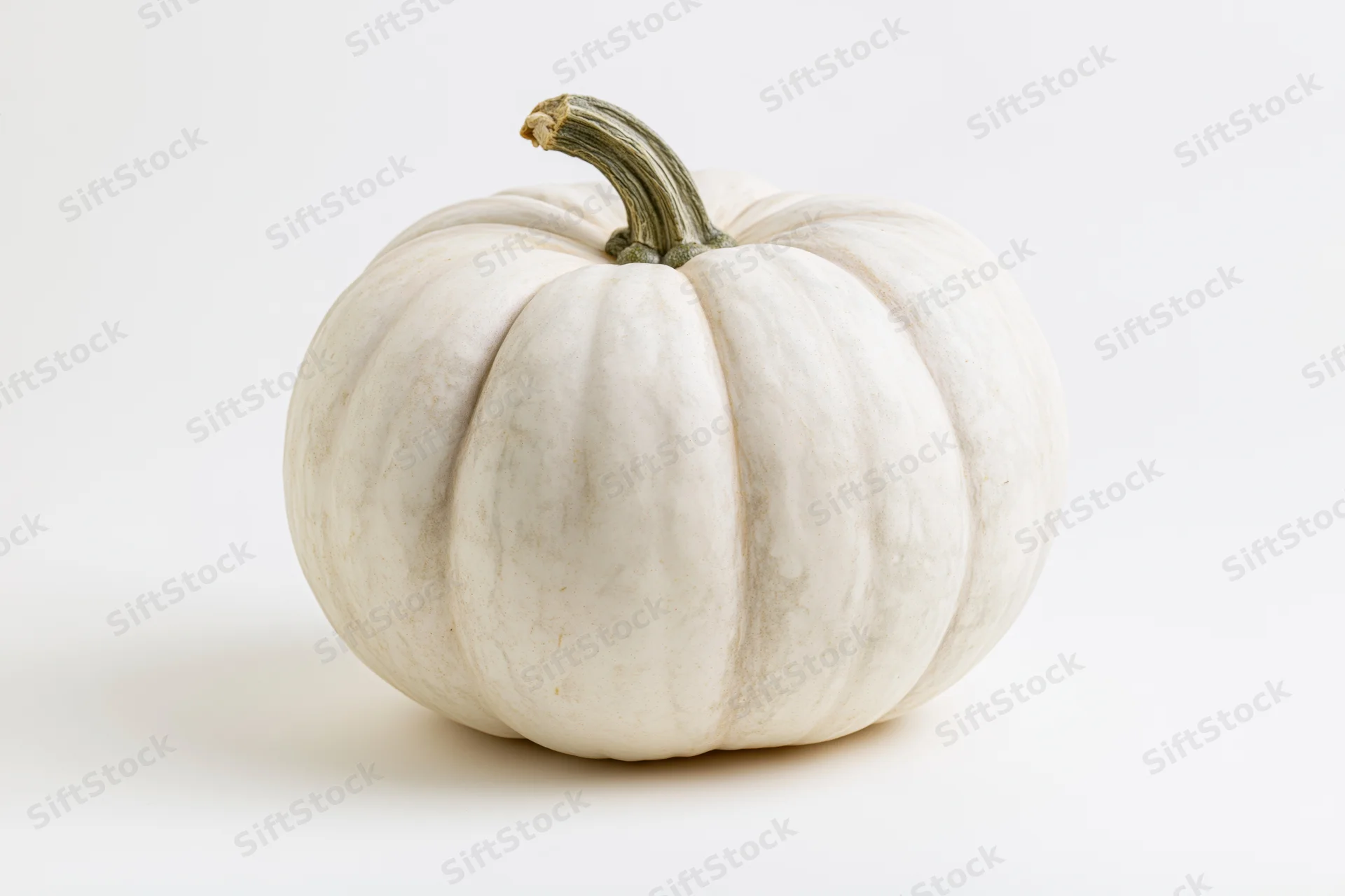 White heirloom pumpkin with ribbed texture and green stem on plain white background