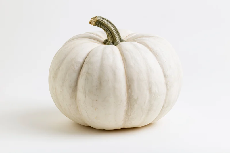 White heirloom pumpkin with ribbed texture and green stem on plain white background