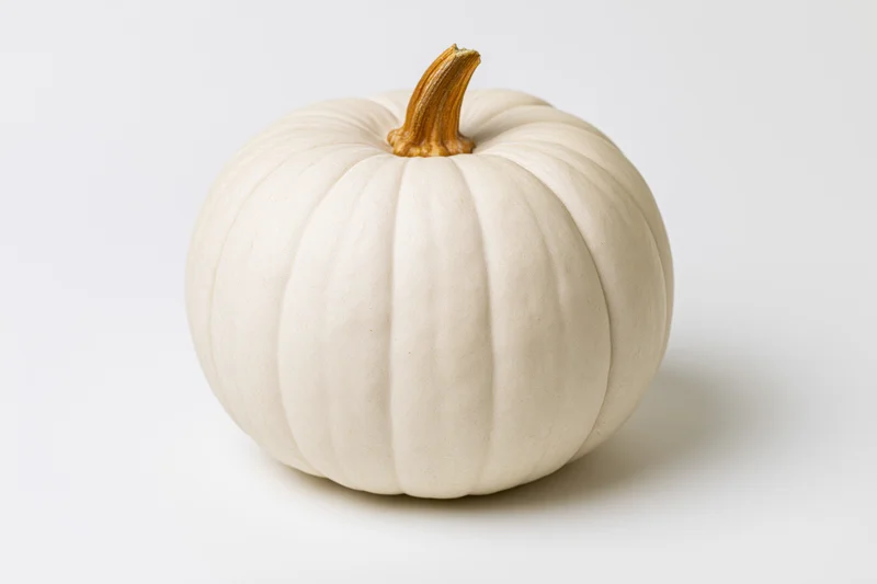 White pumpkin with dry amber stem centered on plain white background