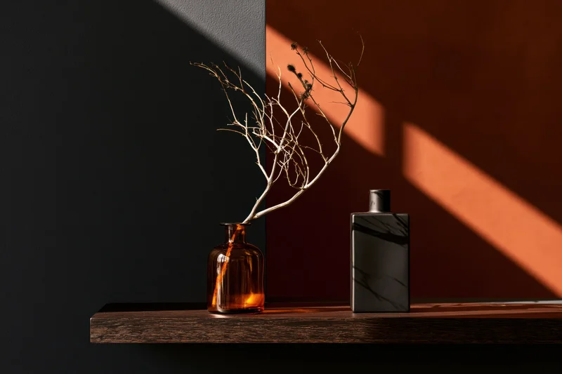 Amber glass vase with dried twig and black perfume bottle on wooden shelf against dark and orange walls