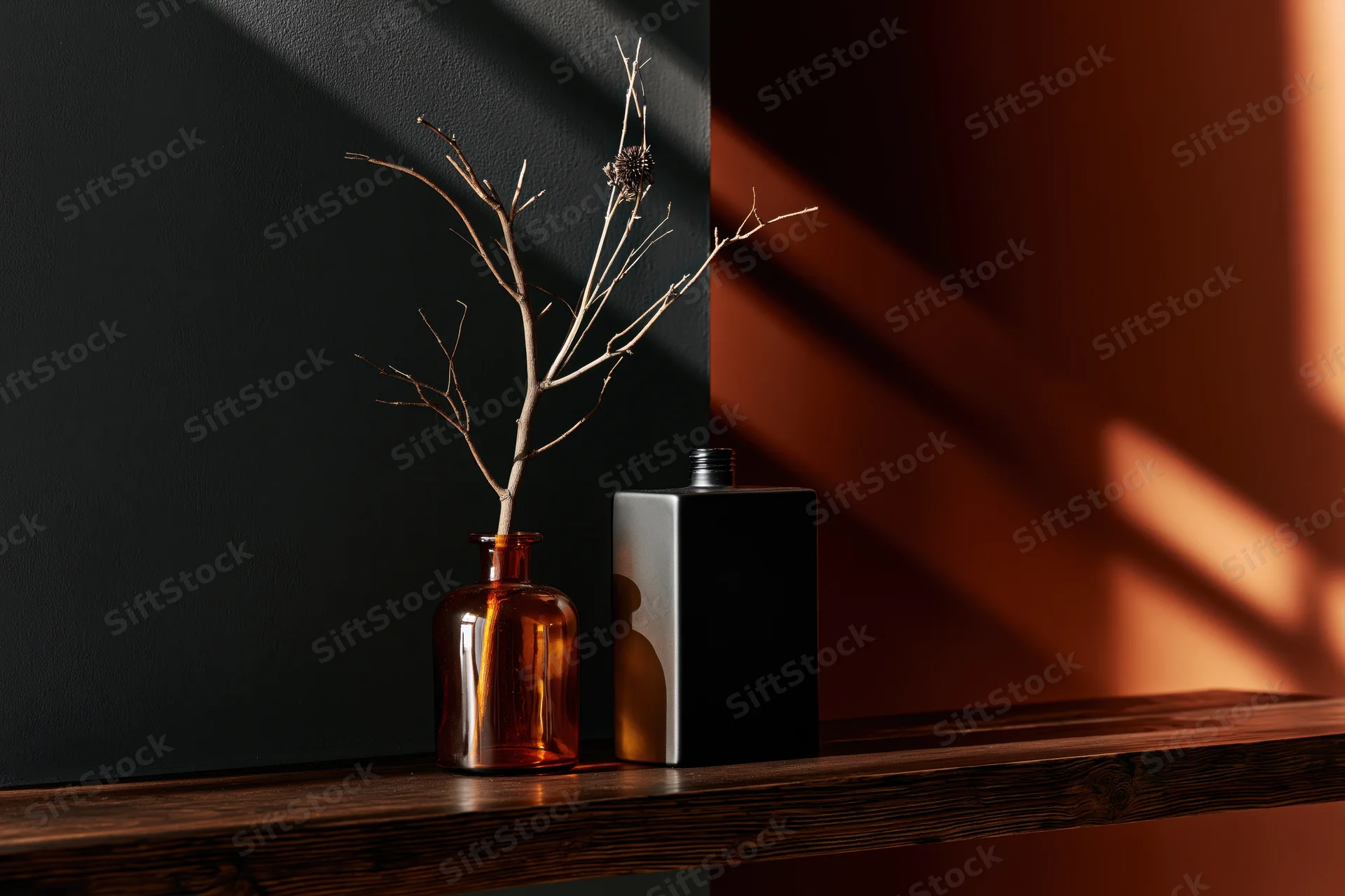 Amber glass vase with dried twig beside a black bottle on wooden shelf against dark wall with sunlight casting shadows
