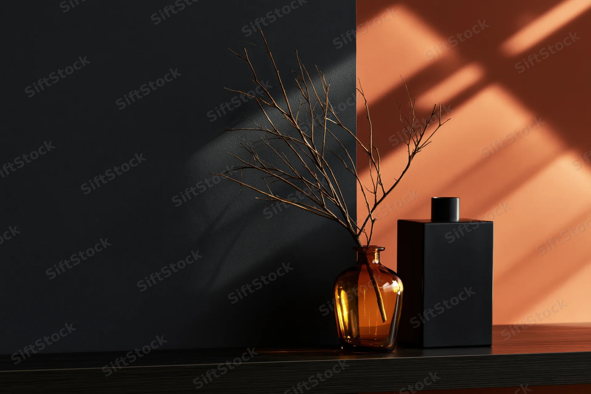 Amber glass vase with dried twig beside black bottle on dark shelf against two-toned wall with sunlight shadows