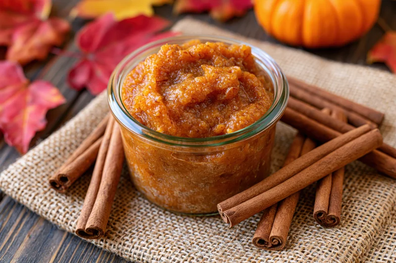 Chunky pumpkin puree in a glass jar surrounded by cinnamon sticks on burlap with autumn leaves and a small pumpkin in the background