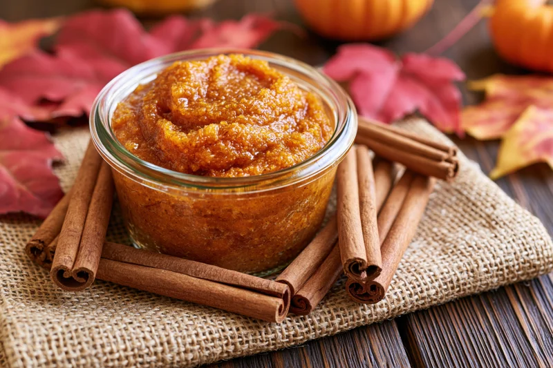 Chunky pumpkin scrub in a glass jar surrounded by cinnamon sticks and autumn leaves on a wooden table