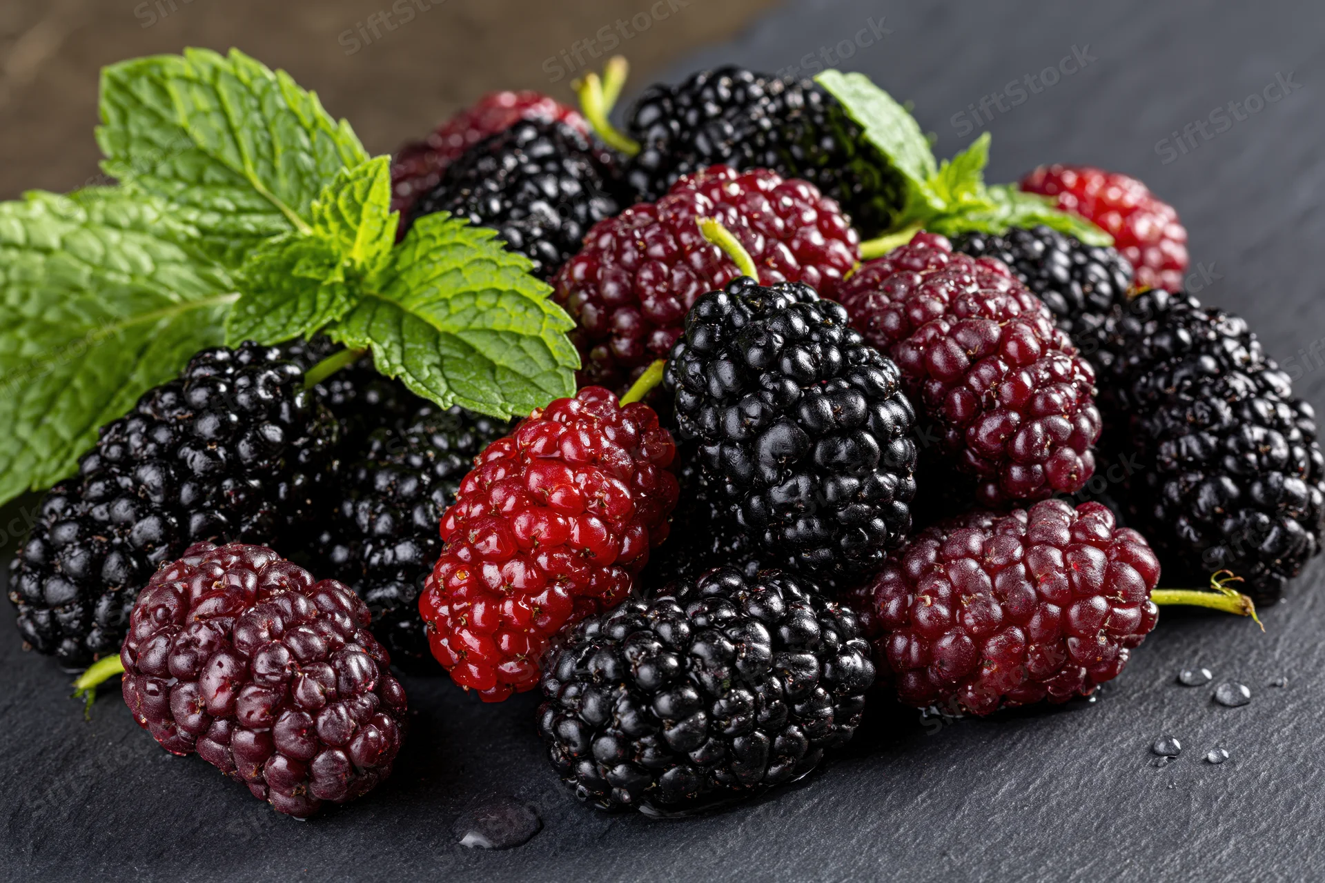 Ripe mulberries in black and red with mint leaves on a dark slate surface