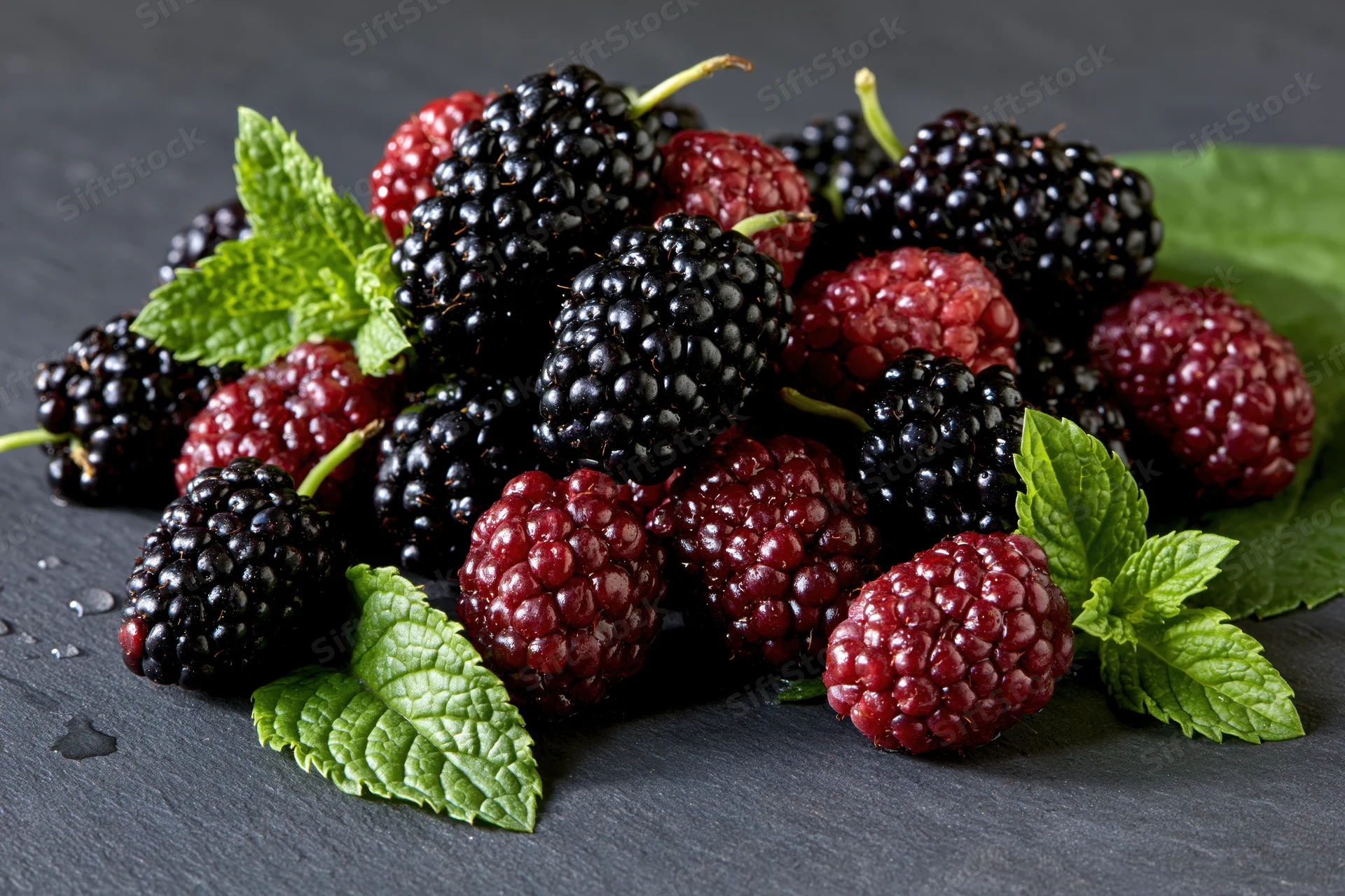 Ripe mulberries and raspberries with mint leaves arranged on a dark slate surface
