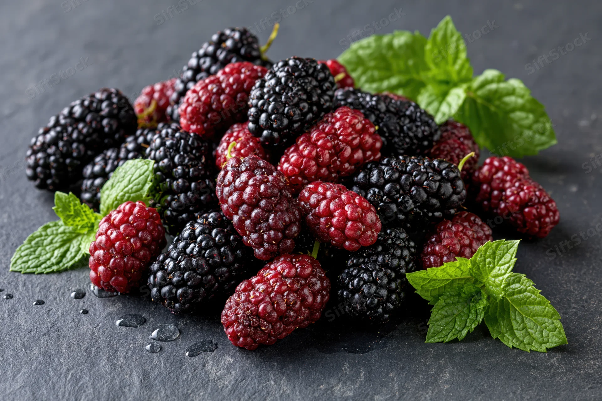 Ripe black and red mulberries with mint leaves arranged on a dark slate surface