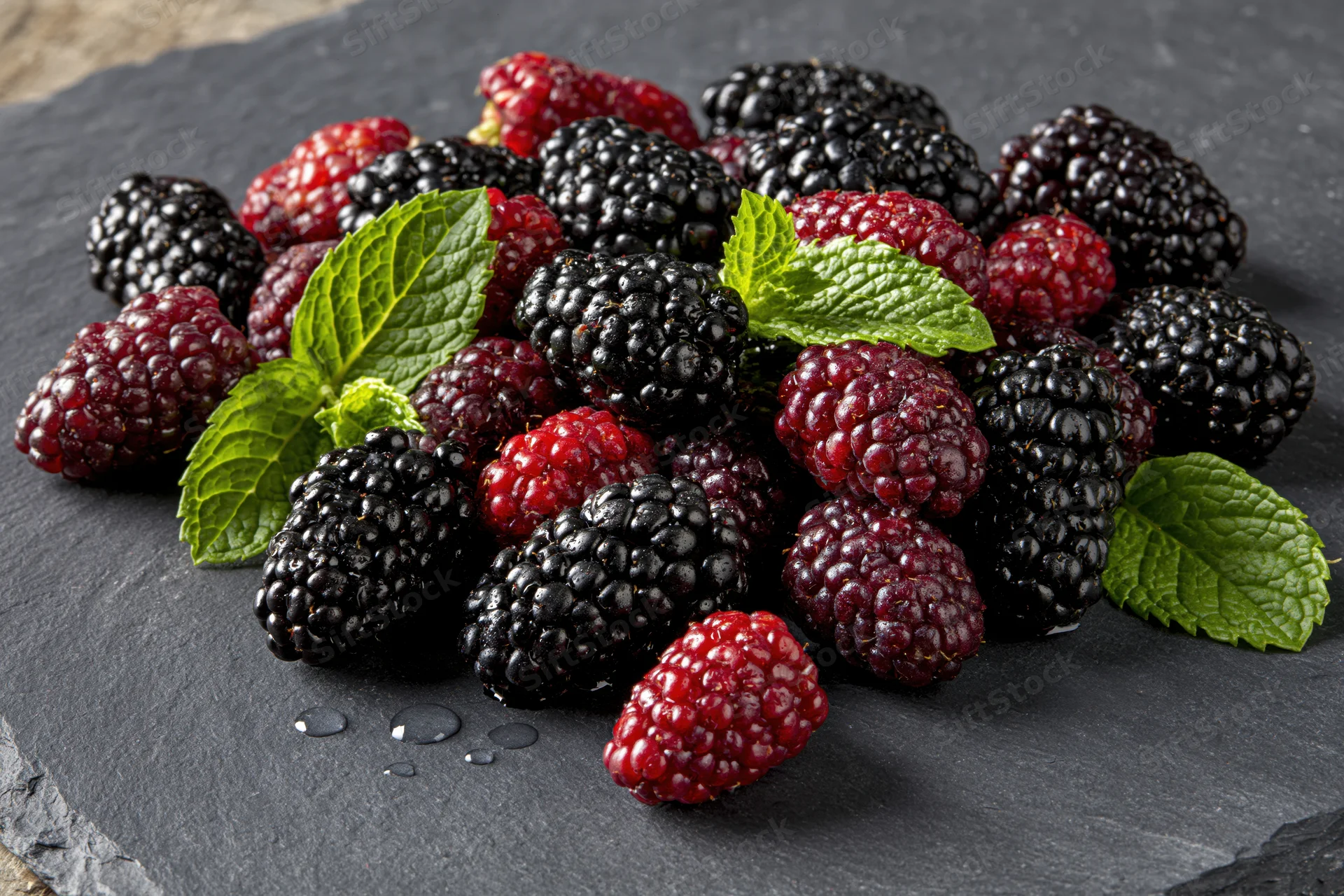 Ripe black and red mulberries with mint leaves arranged on a dark slate surface