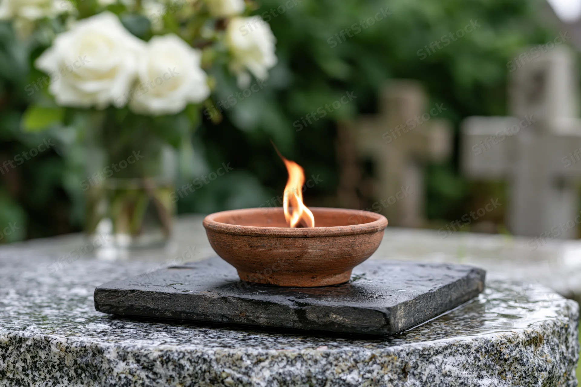 Lit terracotta candle bowl on stone slab at grave site with white roses and crosses in background