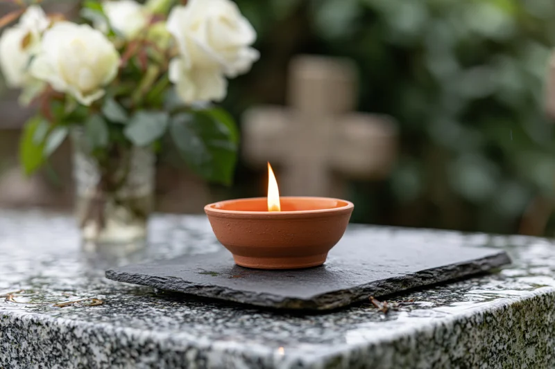 Lit candle in terracotta bowl on slate atop a granite tombstone with white roses in vase behind in cemetery garden