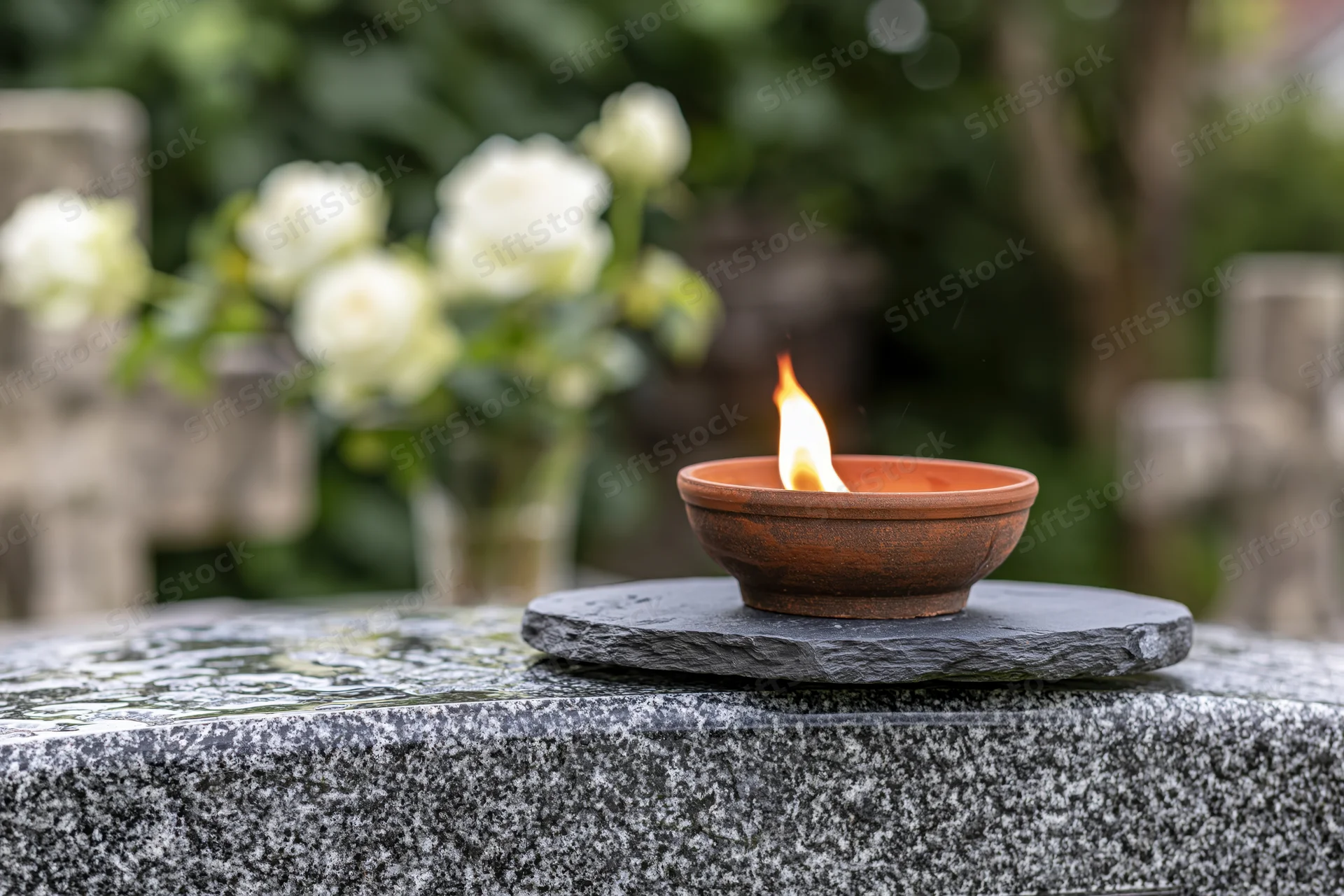 Lit candle in terracotta bowl on grave stone with white roses in background