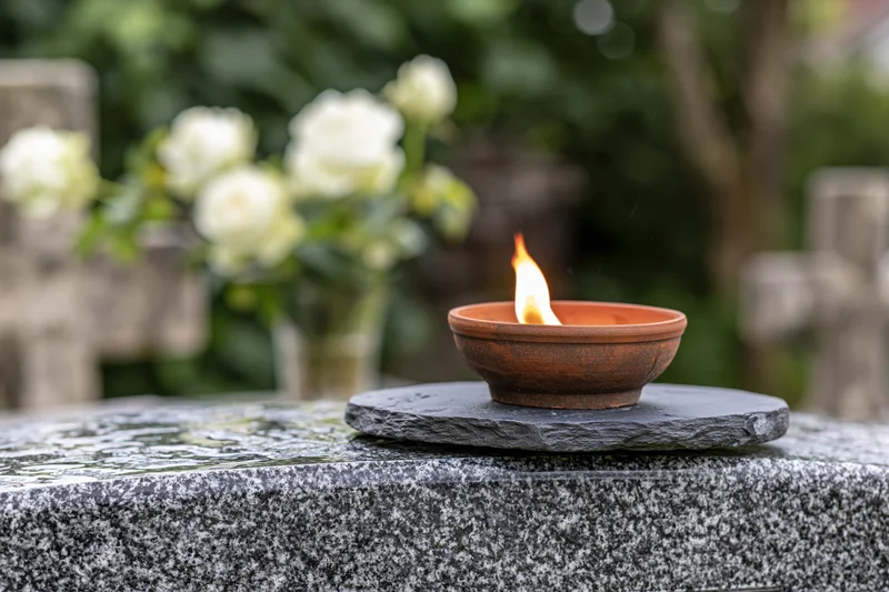 Lit candle in terracotta bowl on grave stone with white roses in background