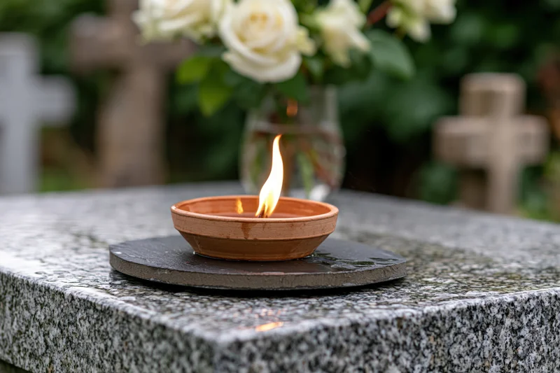 Lit terracotta oil bowl on a granite tombstone with white roses and crosses in the background