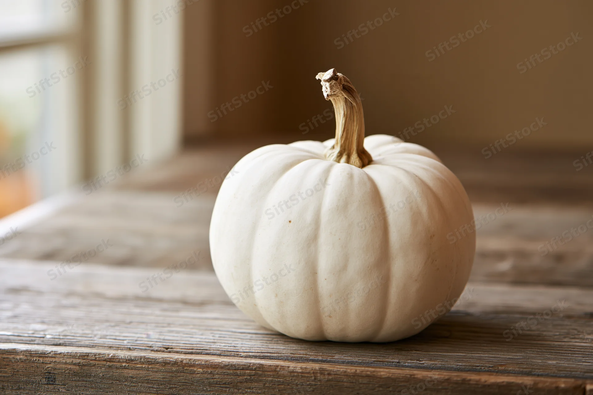Small white pumpkin with dried stem resting on wooden table near window