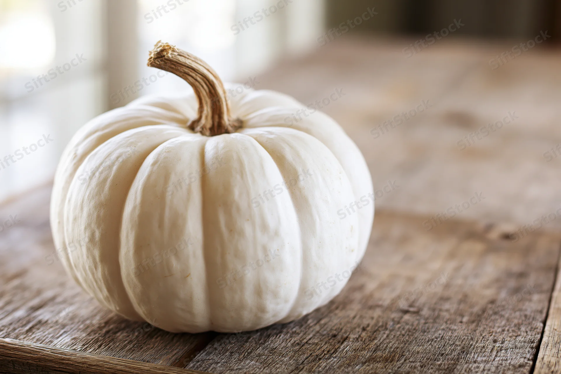 Small white ghost pumpkin with dried tan stem resting on rustic wooden table