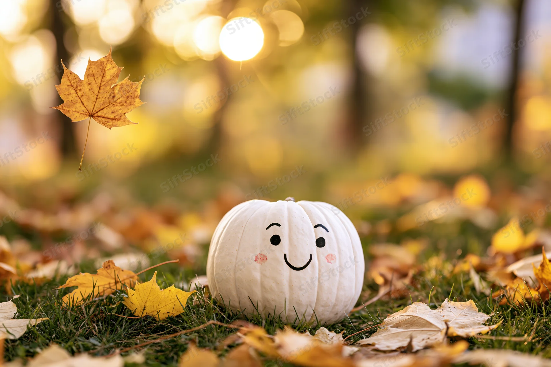 Small white pumpkin with hand-painted smiling face resting on grass among fallen autumn leaves in a sunlit woodland