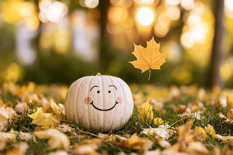 White pumpkin with hand-painted smiling face resting on grass among fallen yellow maple leaves in autumn forest