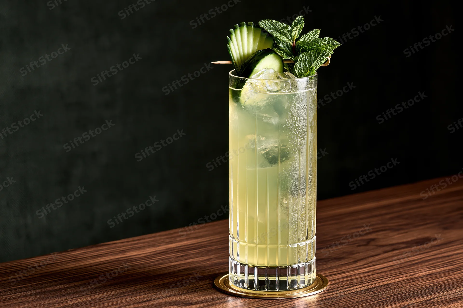 Pale yellow-green cocktail in a tall faceted crystal highball glass with cucumber and mint garnish on a wooden table against a dark background