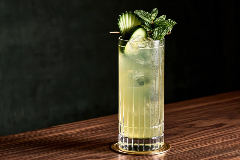 Pale yellow-green cocktail in a tall faceted crystal highball glass with cucumber and mint garnish on a wooden table against a dark background