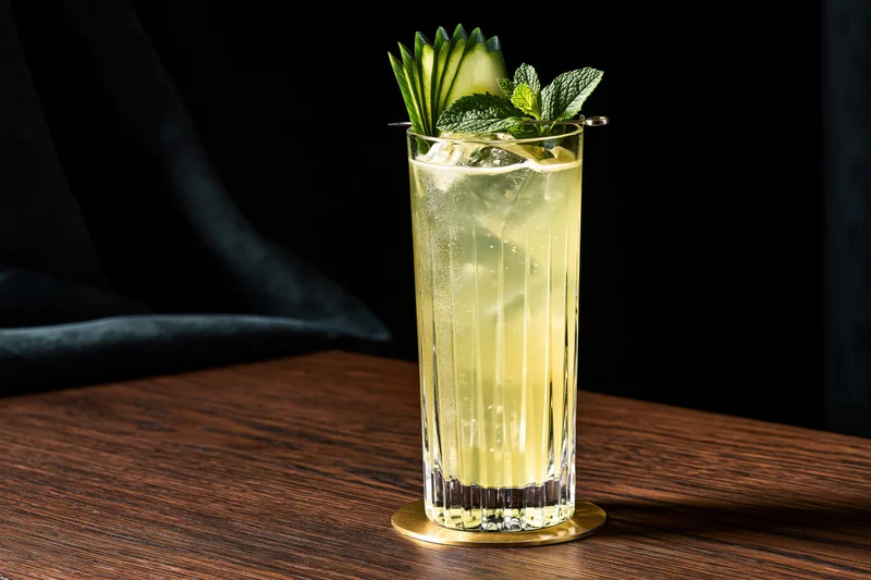 Tall crystal highball glass filled with pale yellow-green cocktail garnished with cucumber and mint on wooden table