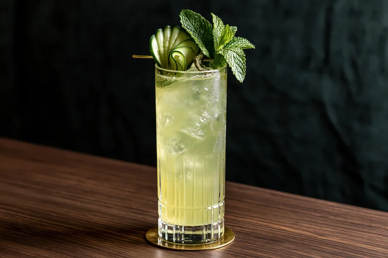 Tall crystal highball glass filled with pale yellow-green cocktail garnished with cucumber and mint on wooden table