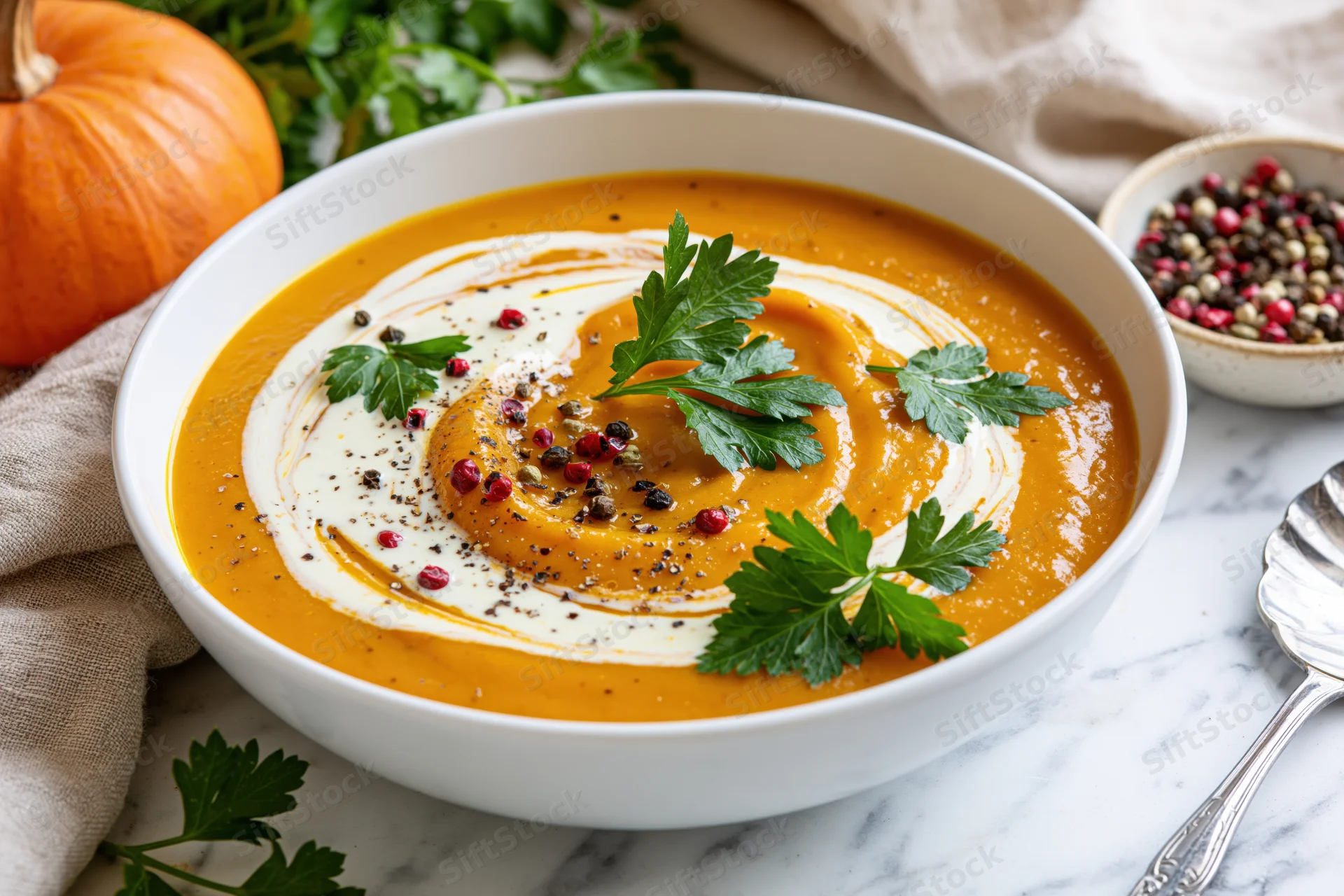 White bowl of creamy pumpkin soup with cream swirl and parsley garnish on marble surface
