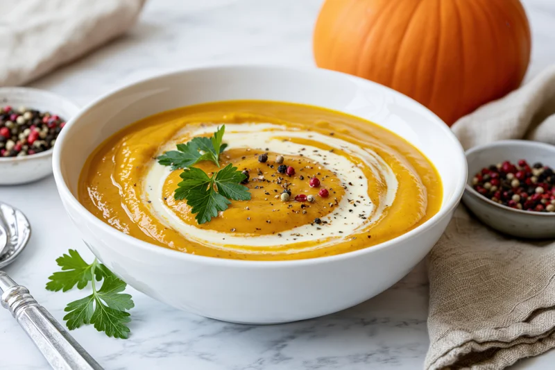 White ceramic bowl of smooth pumpkin soup with cream swirl and parsley garnish on marble table