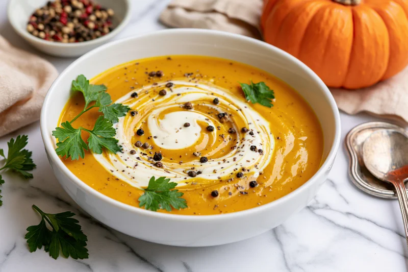 Smooth pumpkin soup in a white ceramic bowl with cream swirl and parsley garnish on marble surface