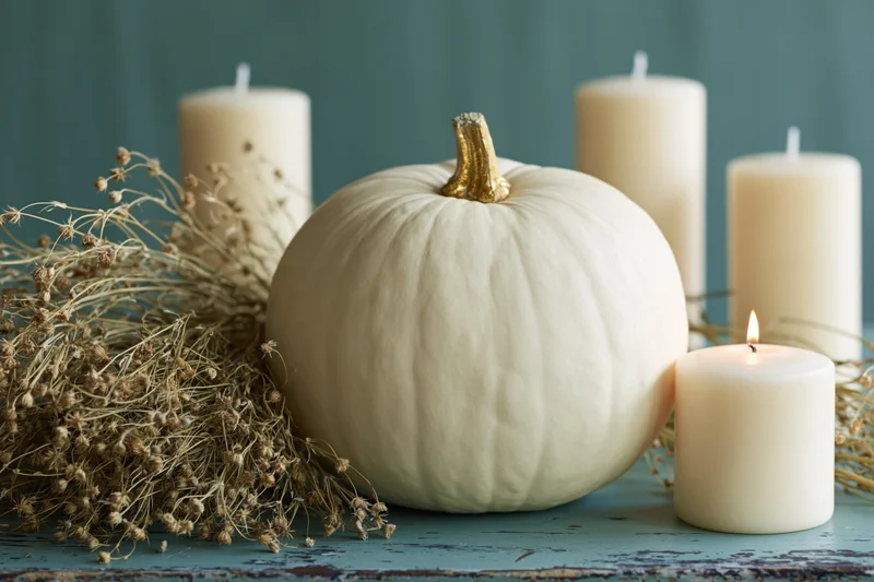 White pumpkin with golden stem and lit candles arranged on a rustic teal wooden table with dried flowers