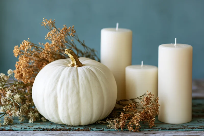 White heirloom pumpkin with golden stem and cream candles arranged with dried flowers on a rustic wooden table