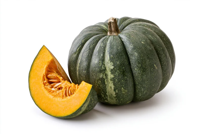 Whole kabocha squash with a cut wedge slice beside it on white background