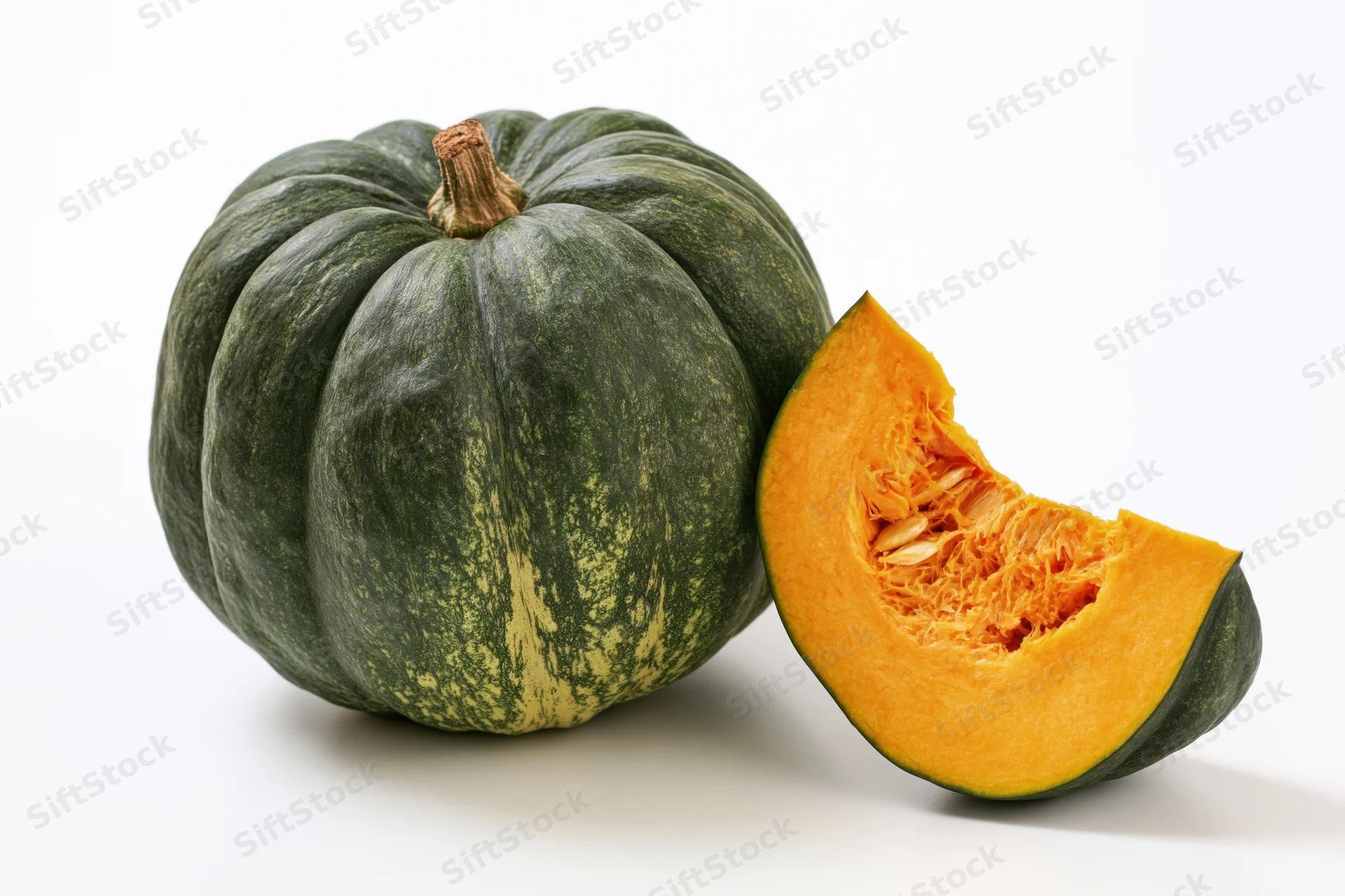 Whole kabocha squash with a cut slice beside it on white background