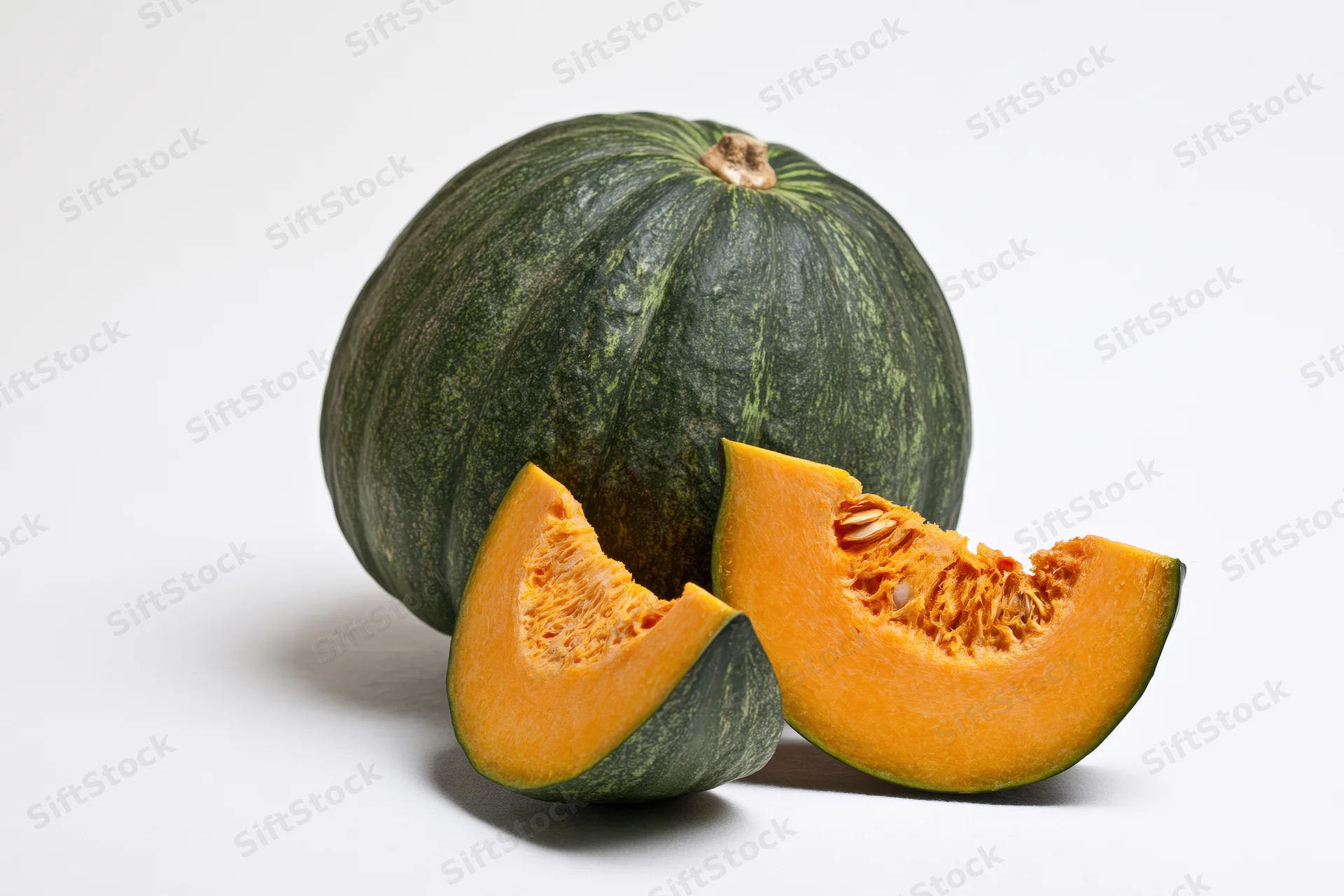 Whole kabocha squash with two cut slices beside it on white background