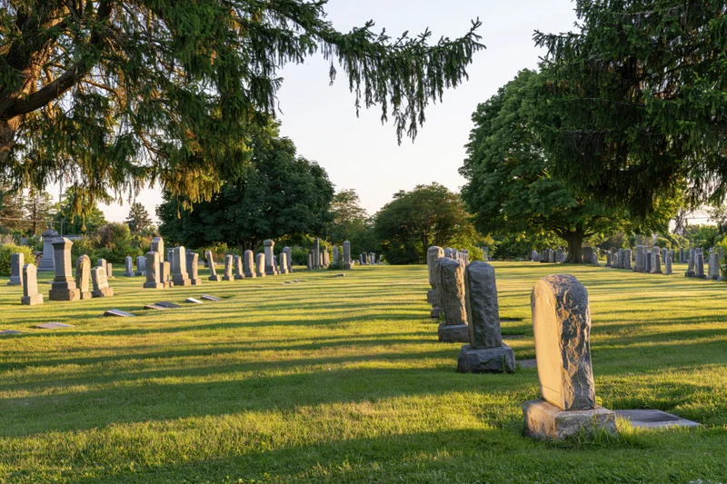 Rows of granite headstones on a grassy cemetery lawn under trees at dusk