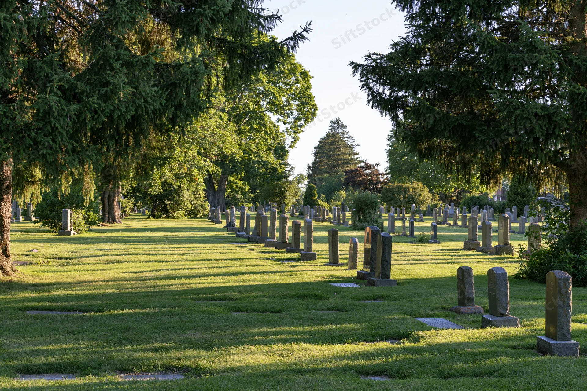Rows of granite headstones aligned on a grassy cemetery lawn under tall evergreen trees with dappled sunlight and shadows