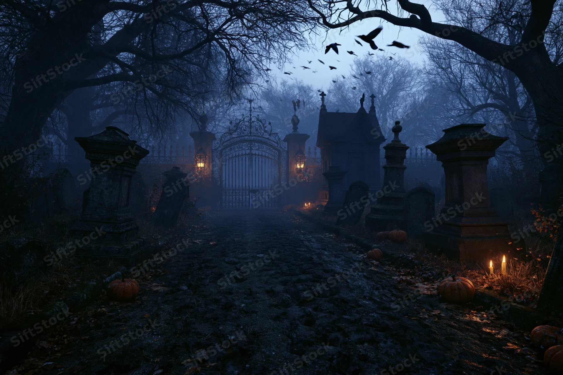 Wide view of an abandoned victorian cemetery at night with tombstones, pumpkins, candles and flying birds along a muddy path