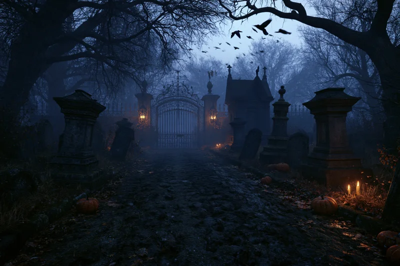 Wide view of an abandoned victorian cemetery at night with tombstones, pumpkins, candles and flying birds along a muddy path