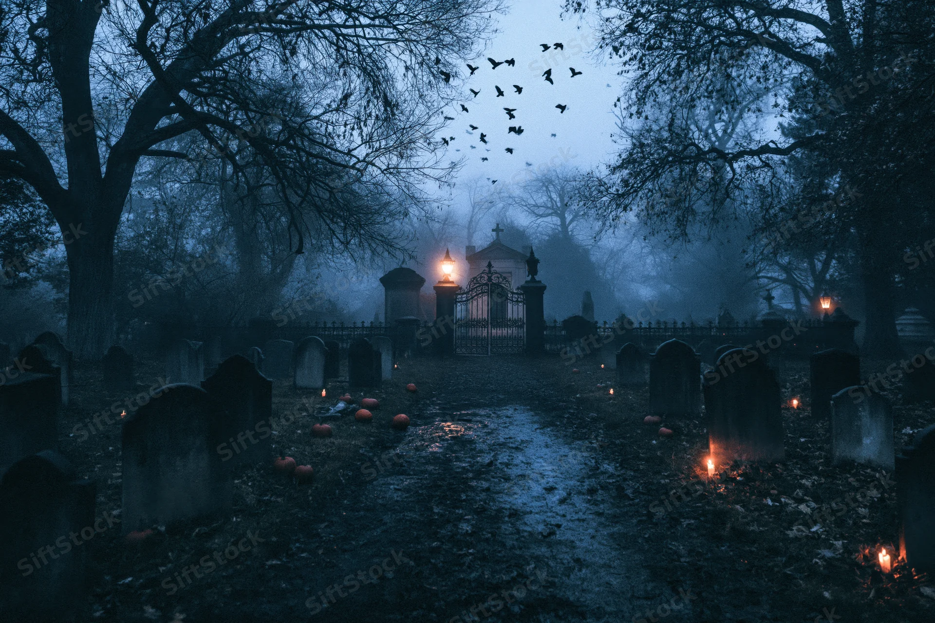Wide view of an abandoned victorian cemetery at night with muddy path, tombstones, fog, and flickering lanterns